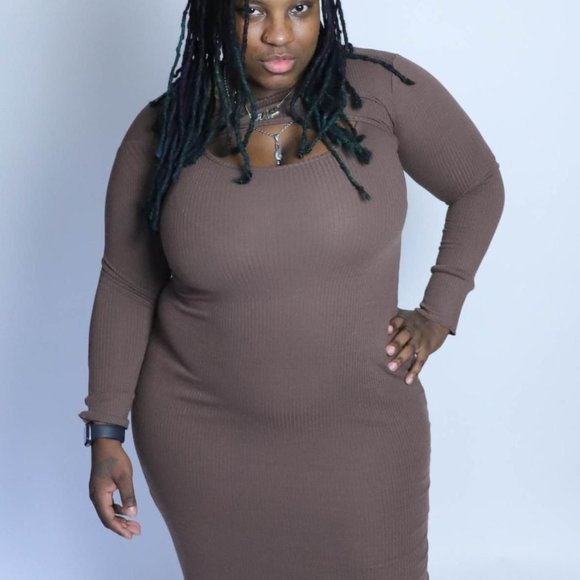 Womens Cut Out Sexy Neck Bodycon Essential Ribbed Dress Cutout Split Back Hem - Picture 2 of 4